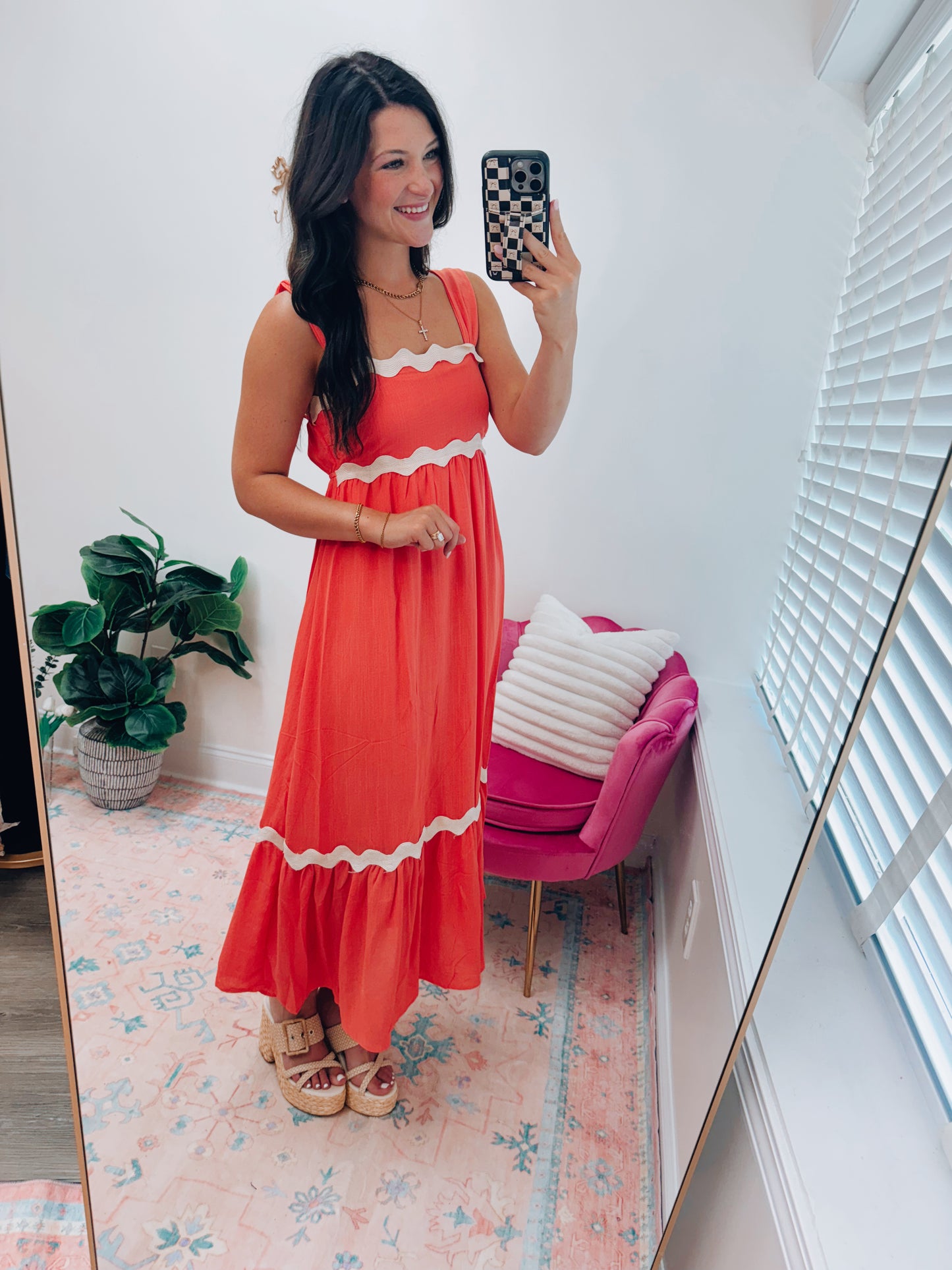 Coral Scallop Trim Midi Dress