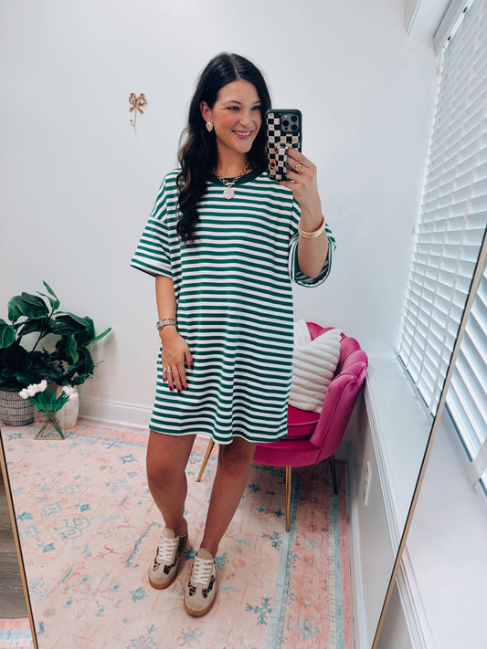 Stripe Knit Pullover Tee Dress - Green