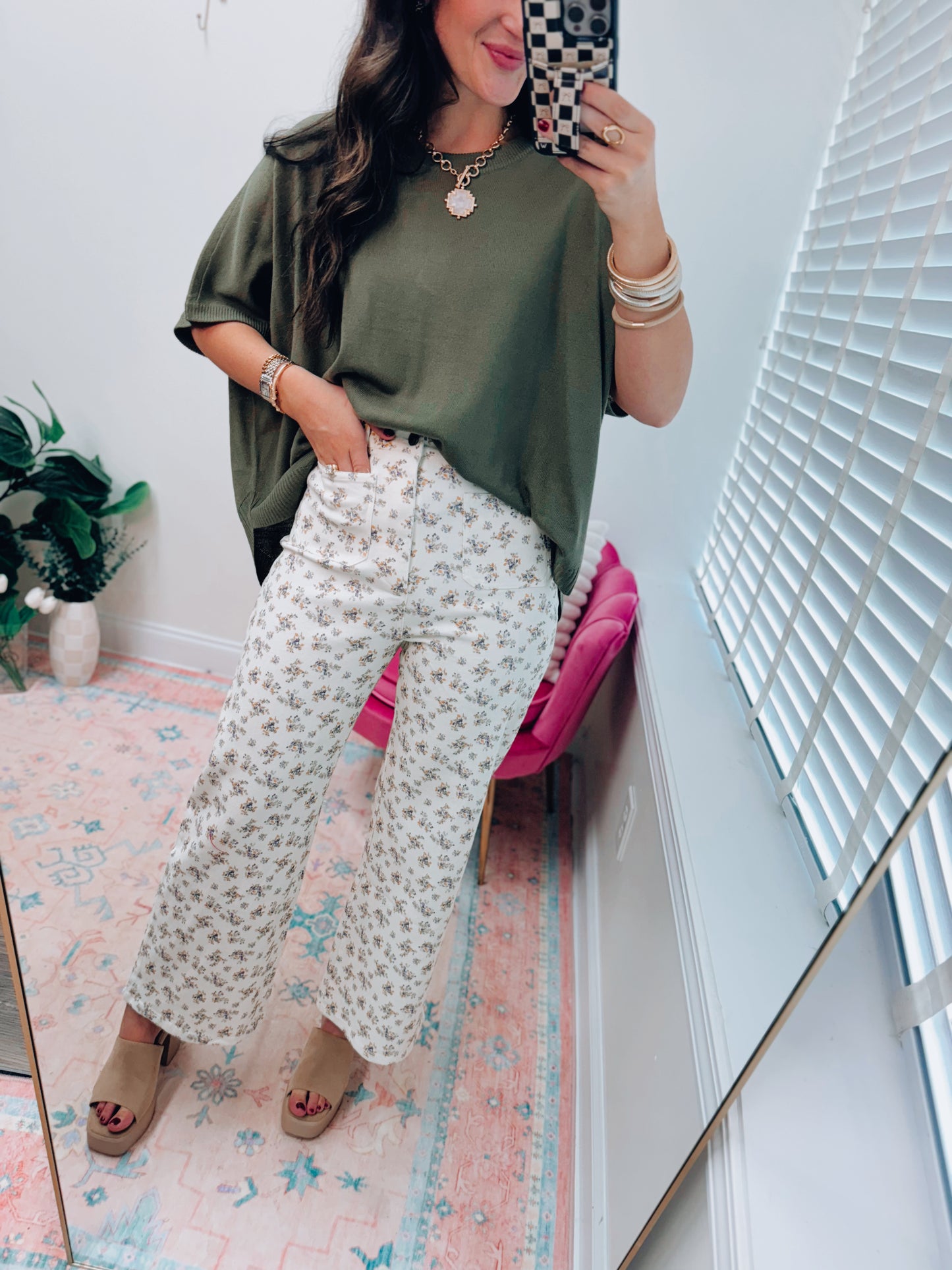 Ditsy Floral Front Pocket Wide Leg Denim