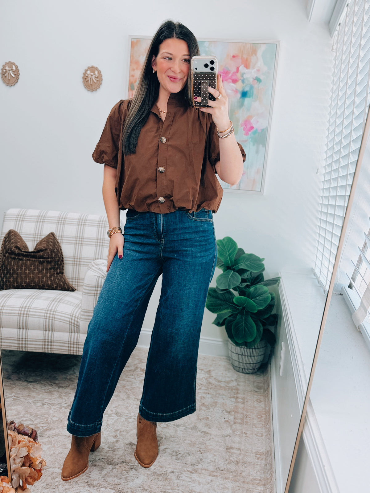 Gracie Button Bubble Hem Top - Brown