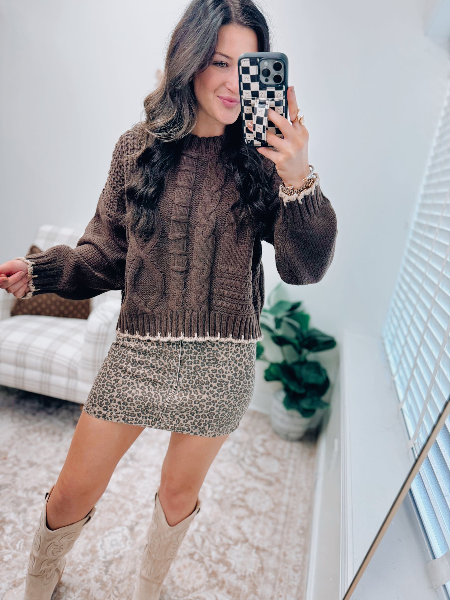 Chocolate Cable Knit Trim Sweater