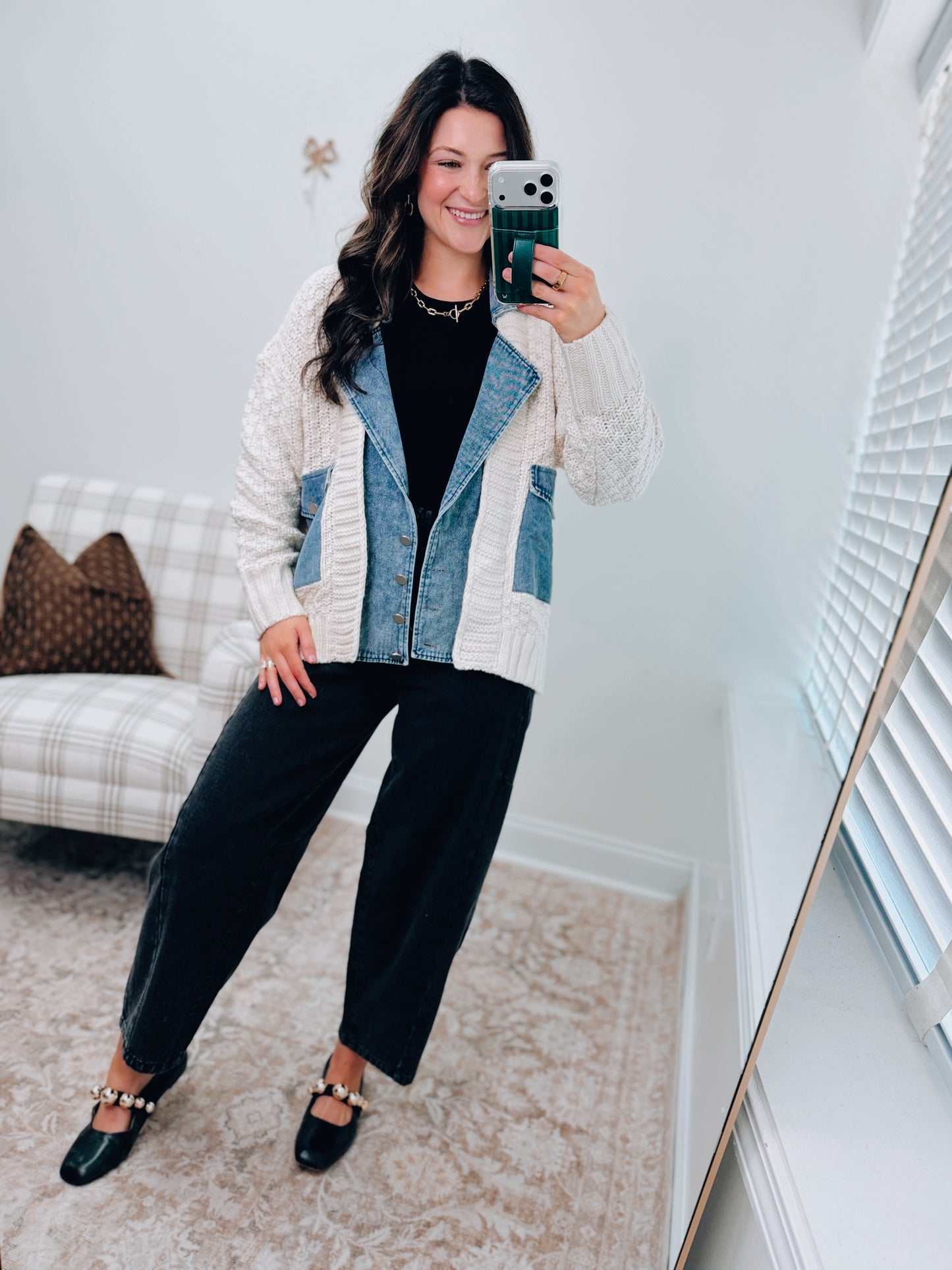 Mixed Media Cable Knit Denim Cardigan Top