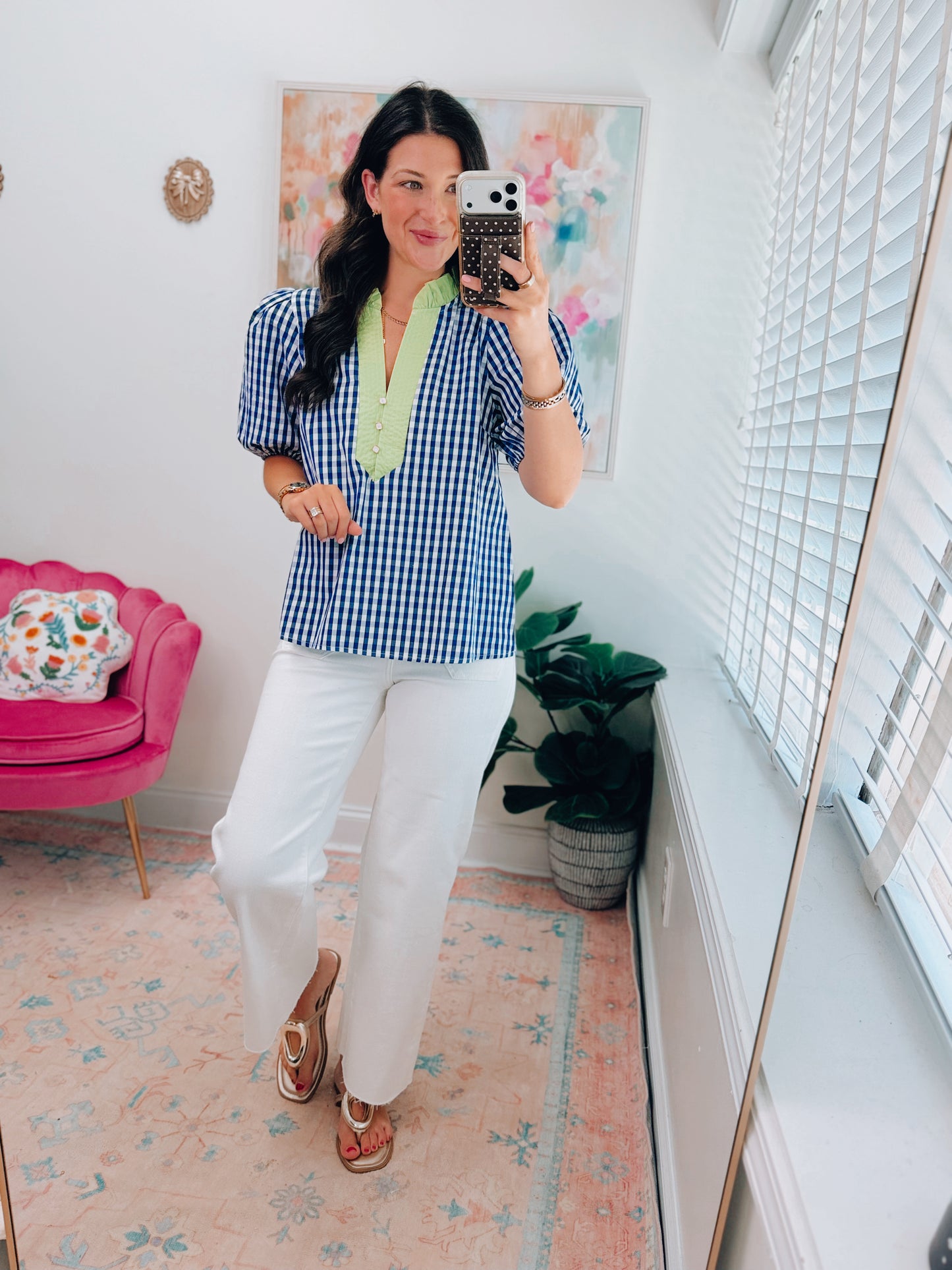 CURVY Indigo Checkered Lime Collar Top