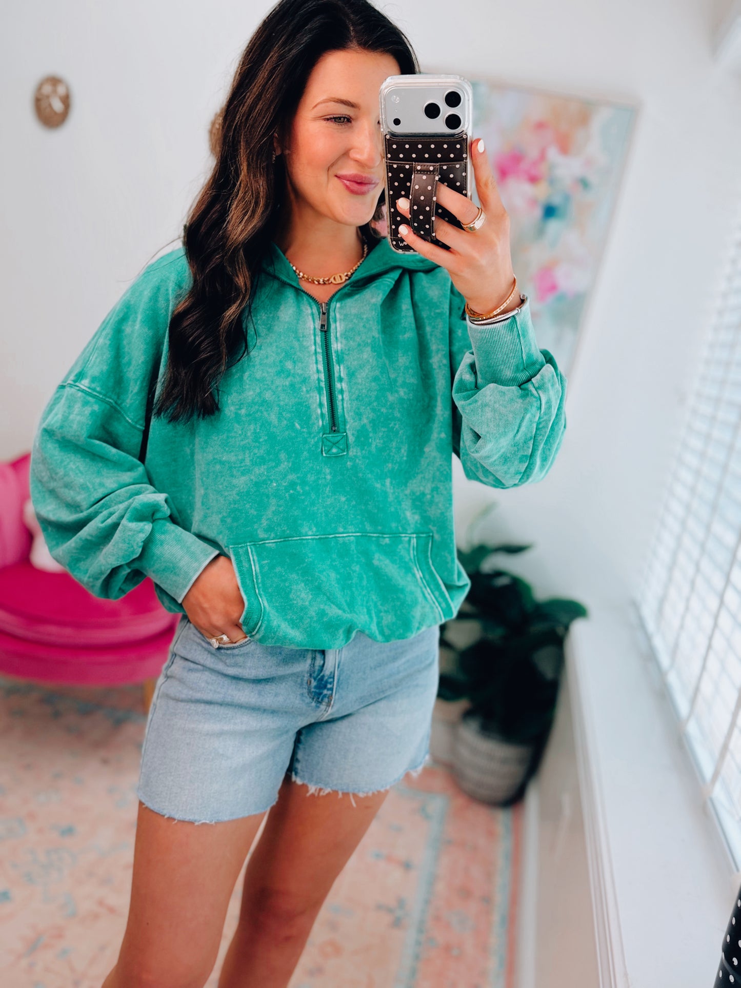 Mineral Wash Kelly Green Zip Hoodie Top