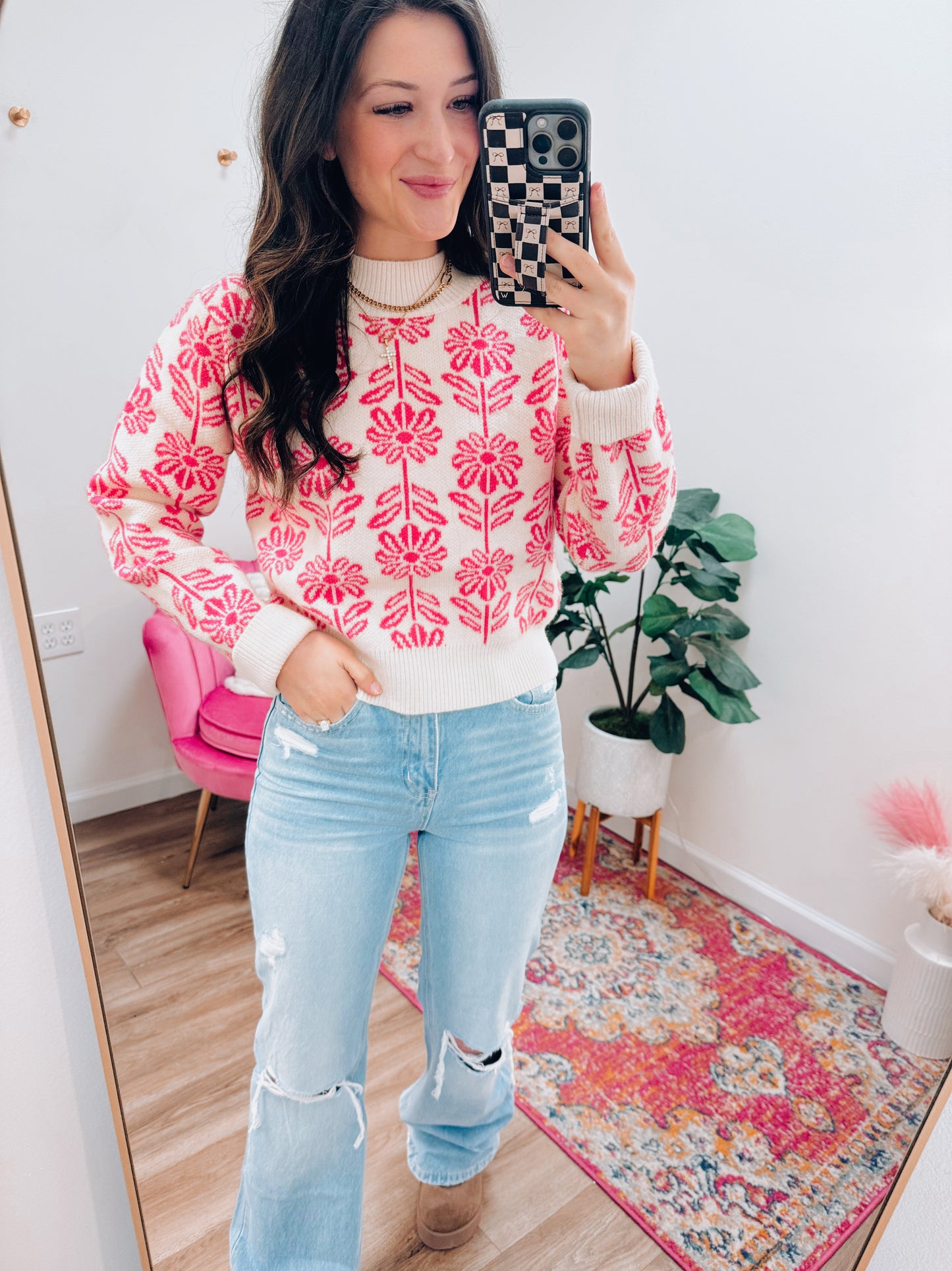 Electric Pink Floral Knit Sweater