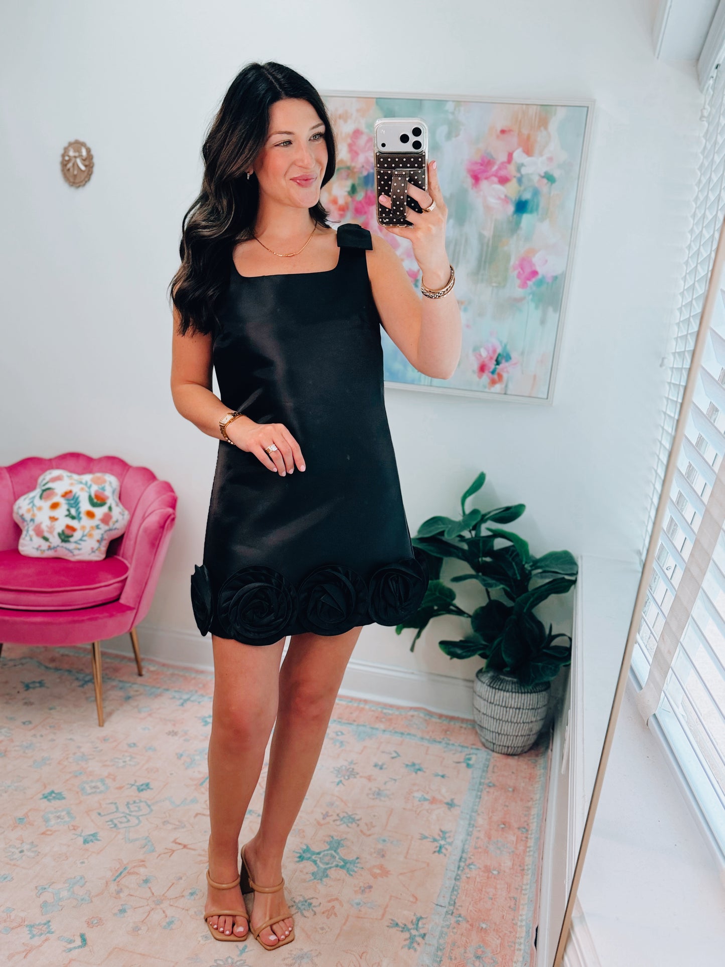 Rosette Satin Black Mini Dress