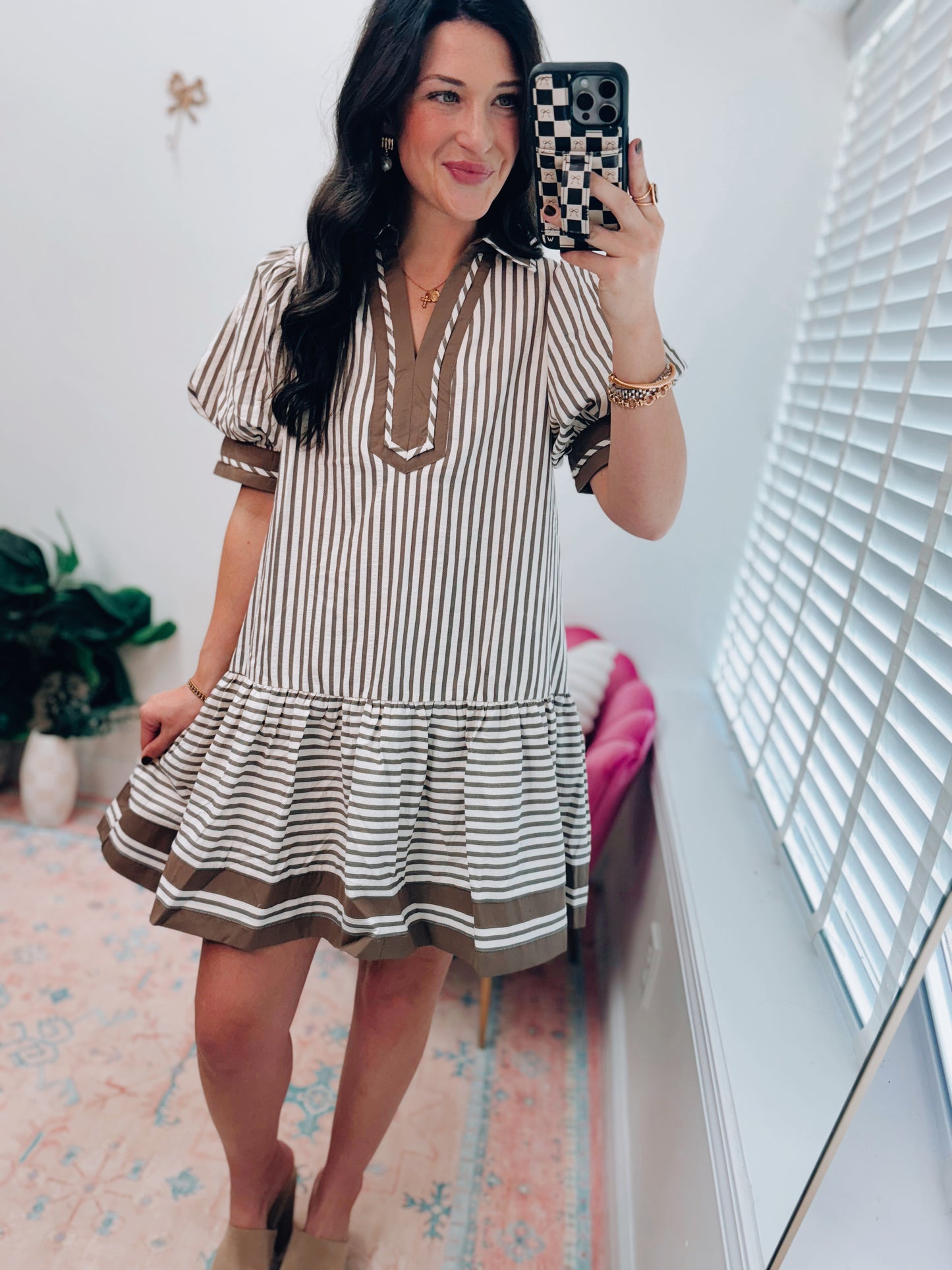 Mocha Mousse Striped Mini Dress