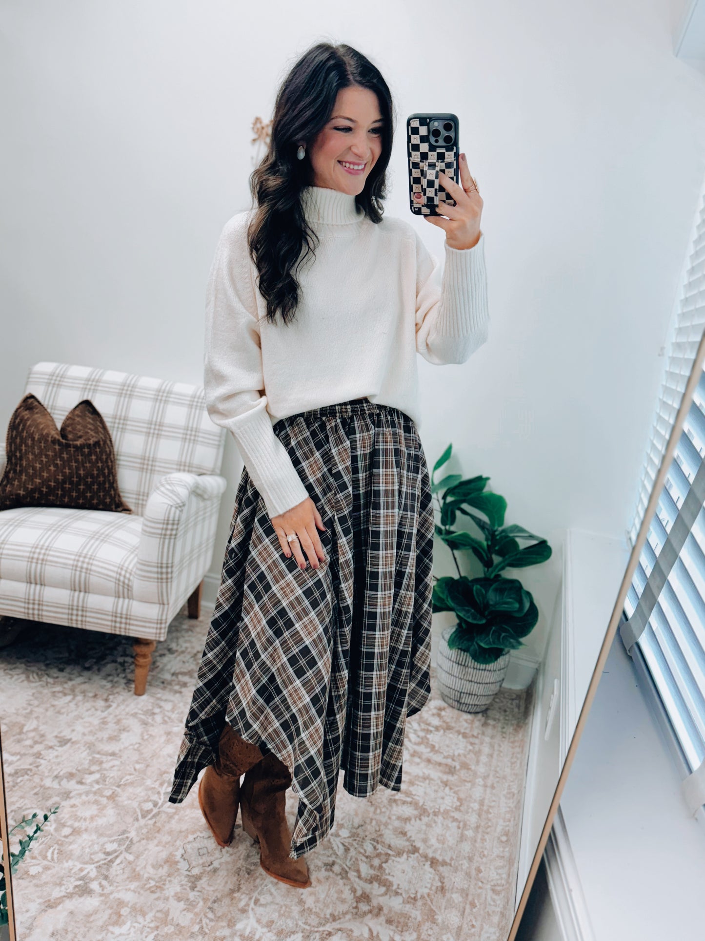 Plaid Unevenhem Midi Skirt