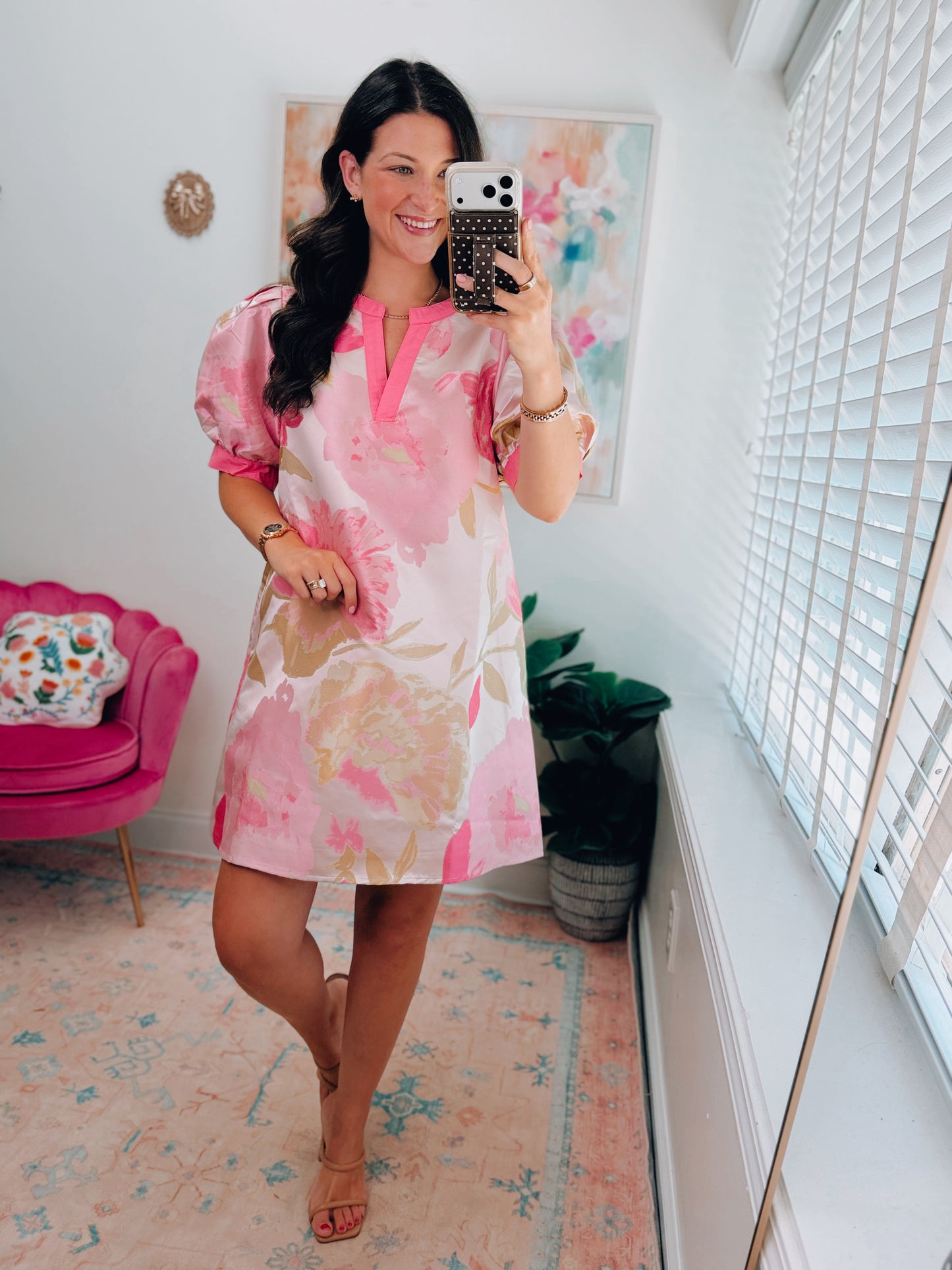Pink Metallic Floral Mini Dress