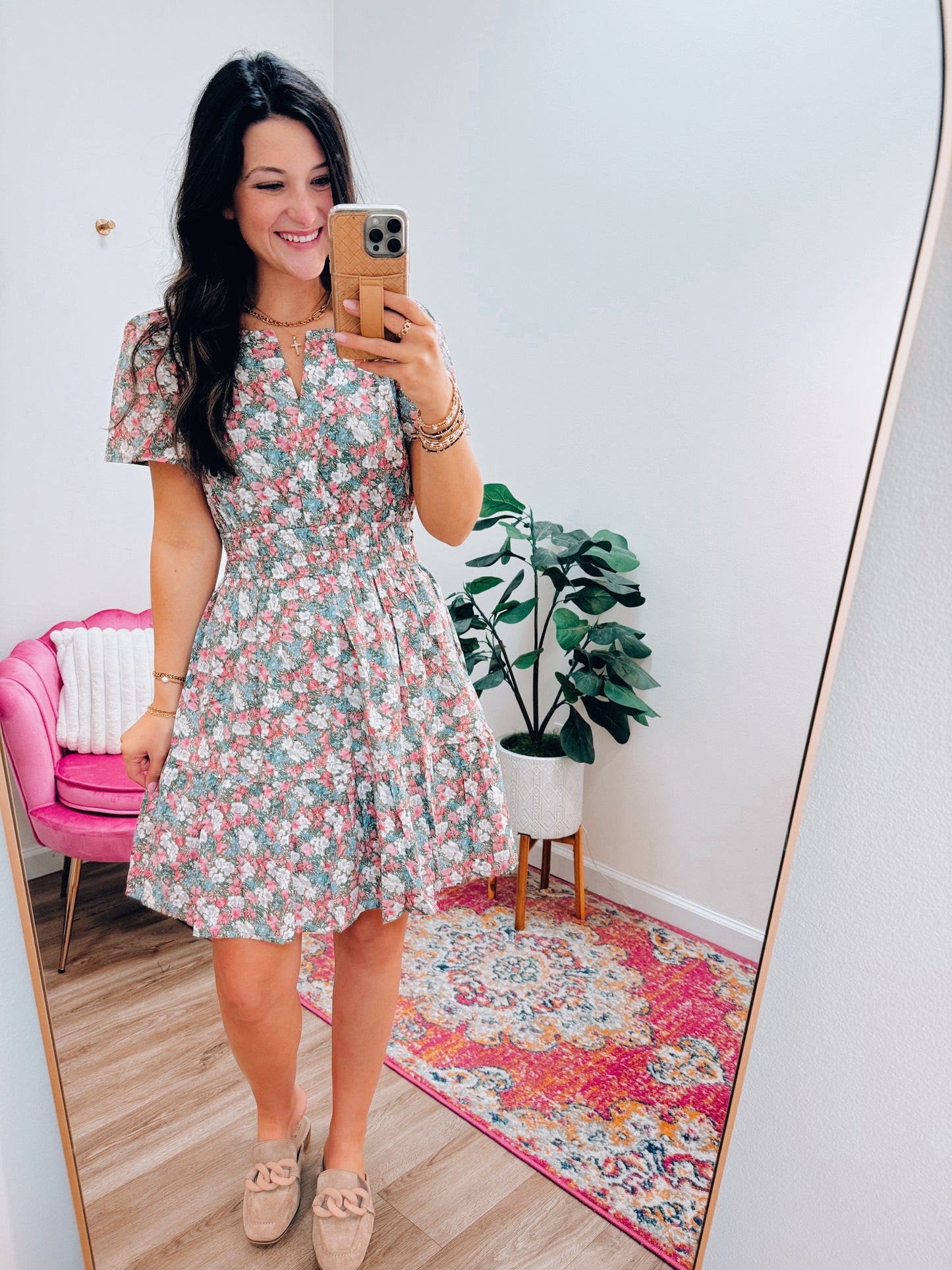 Fall Florals Smocked Waist Mini Dress