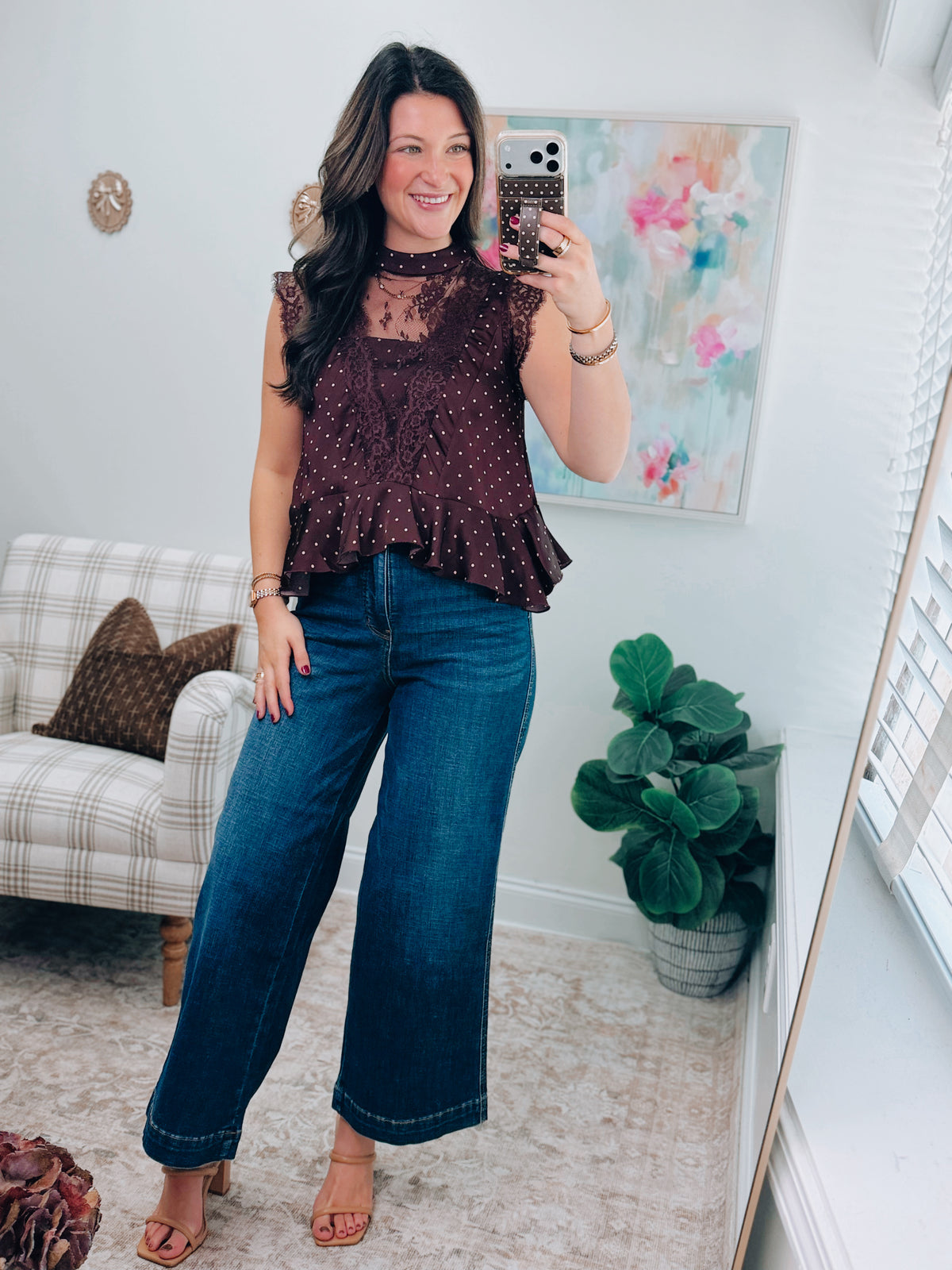 Wine Polka Dot Lace Trim Top