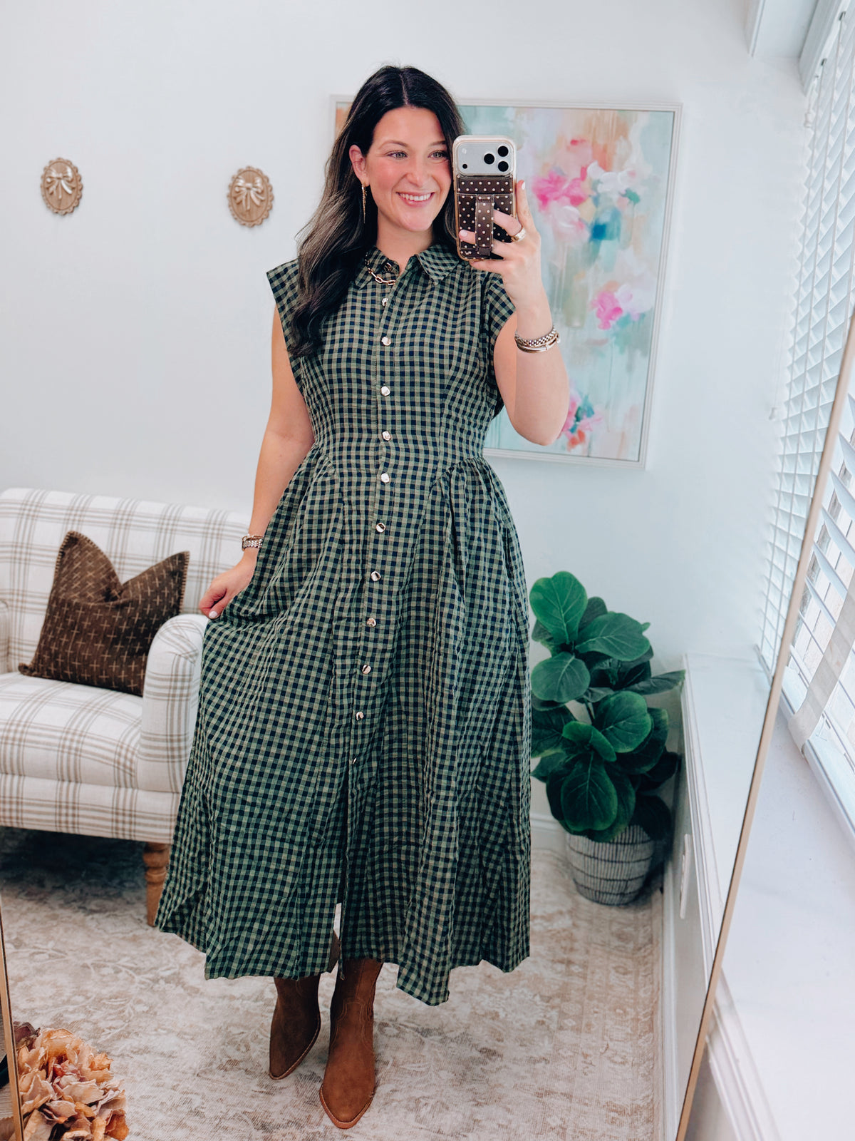 Callie Gingham Gold Button Midi Dress