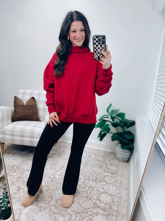 CozyCore Cotton Blend Mock Neck Pullover - Red