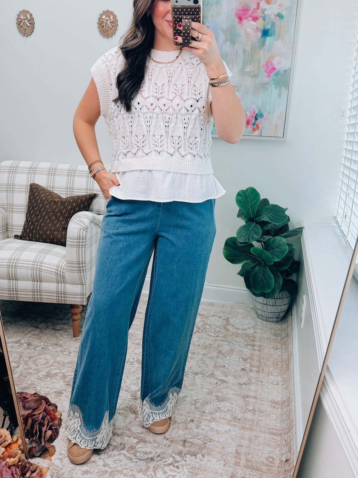Lace Trim Elastic Denim Pants