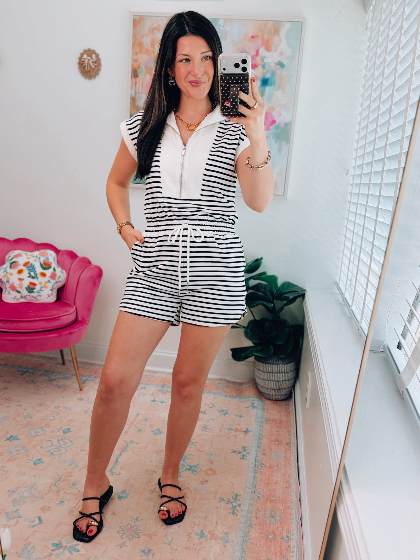 Half Zip Striped Romper