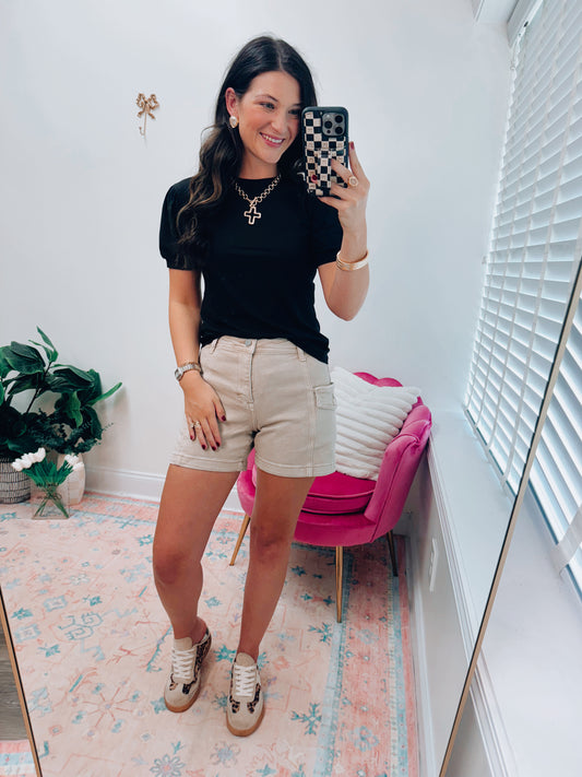 CURVY Khaki Risen Cargo Denim Shorts
