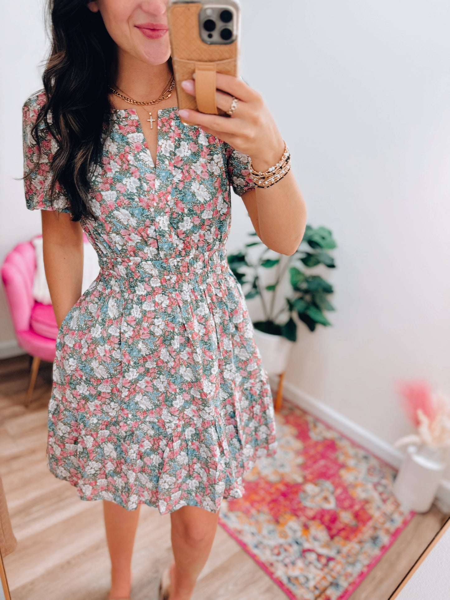 Fall Florals Smocked Waist Mini Dress