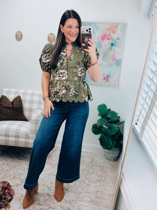 Hattie Olive Floral Eyelet Top
