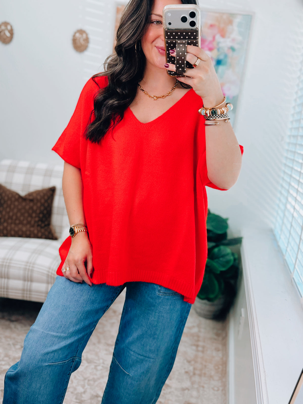 Red V-Neck Sweater Top