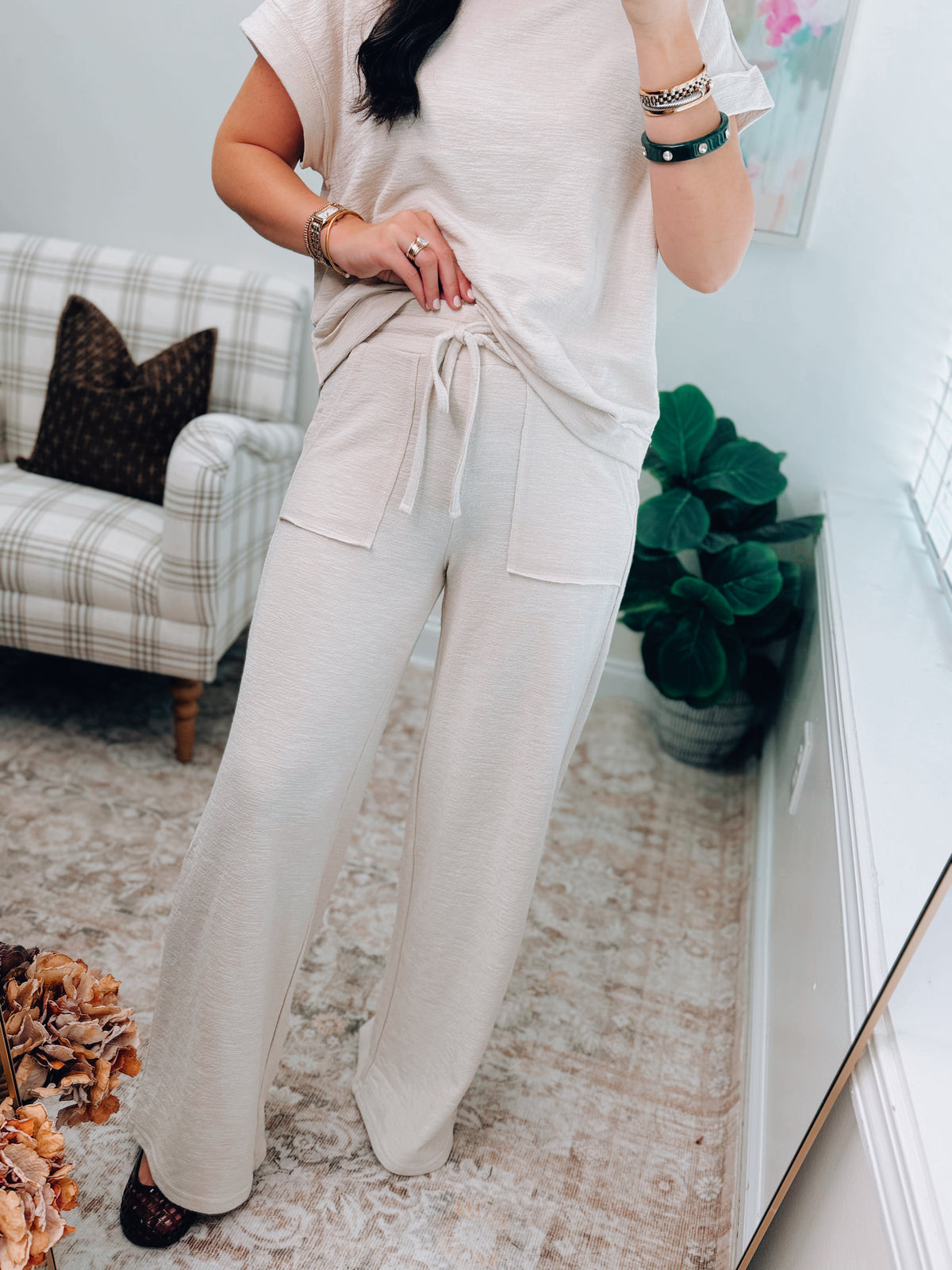 Sand Beige Textured Knit Pants Set