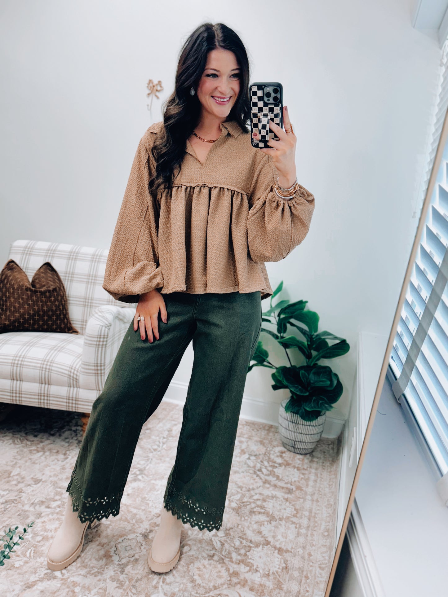 Camel Textured Collared Split Neck Top