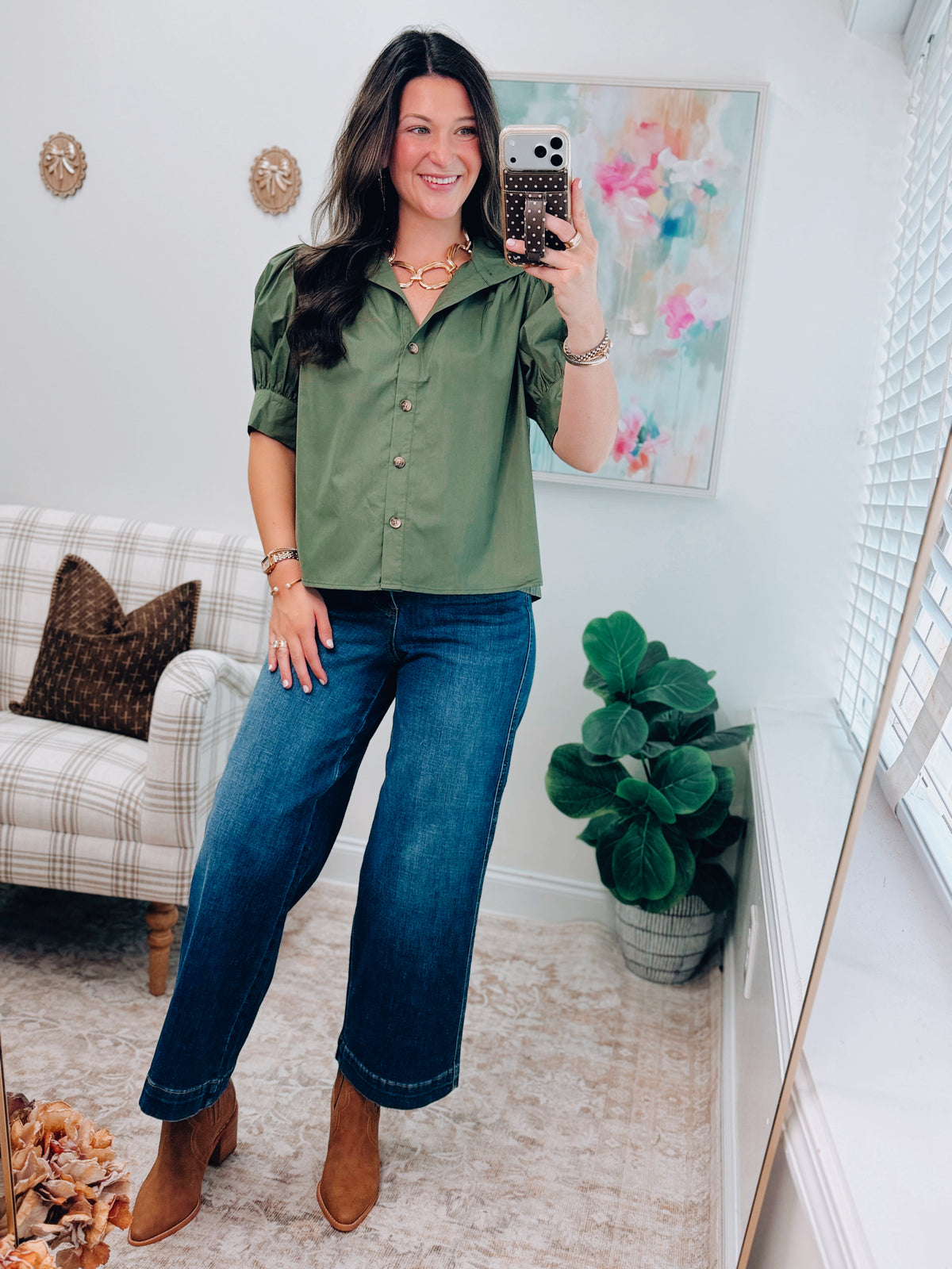 Sophie Olive Button Puff Sleeve Top