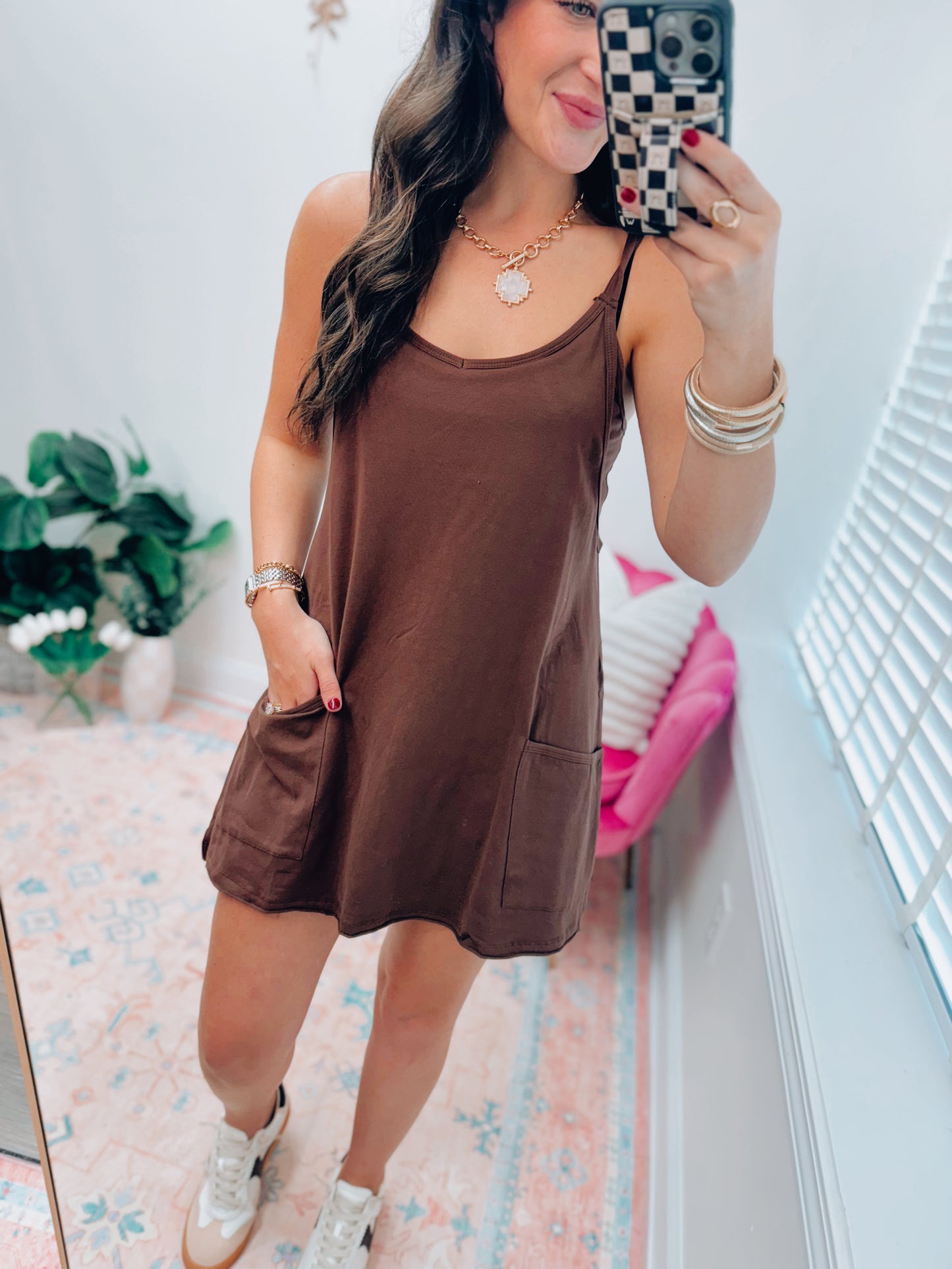 Chocolate Front Pocket Romper Dress