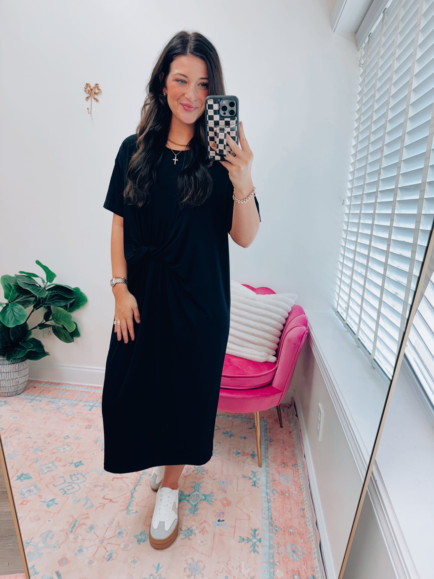 Black Waist Tie Buttery Midi Dress