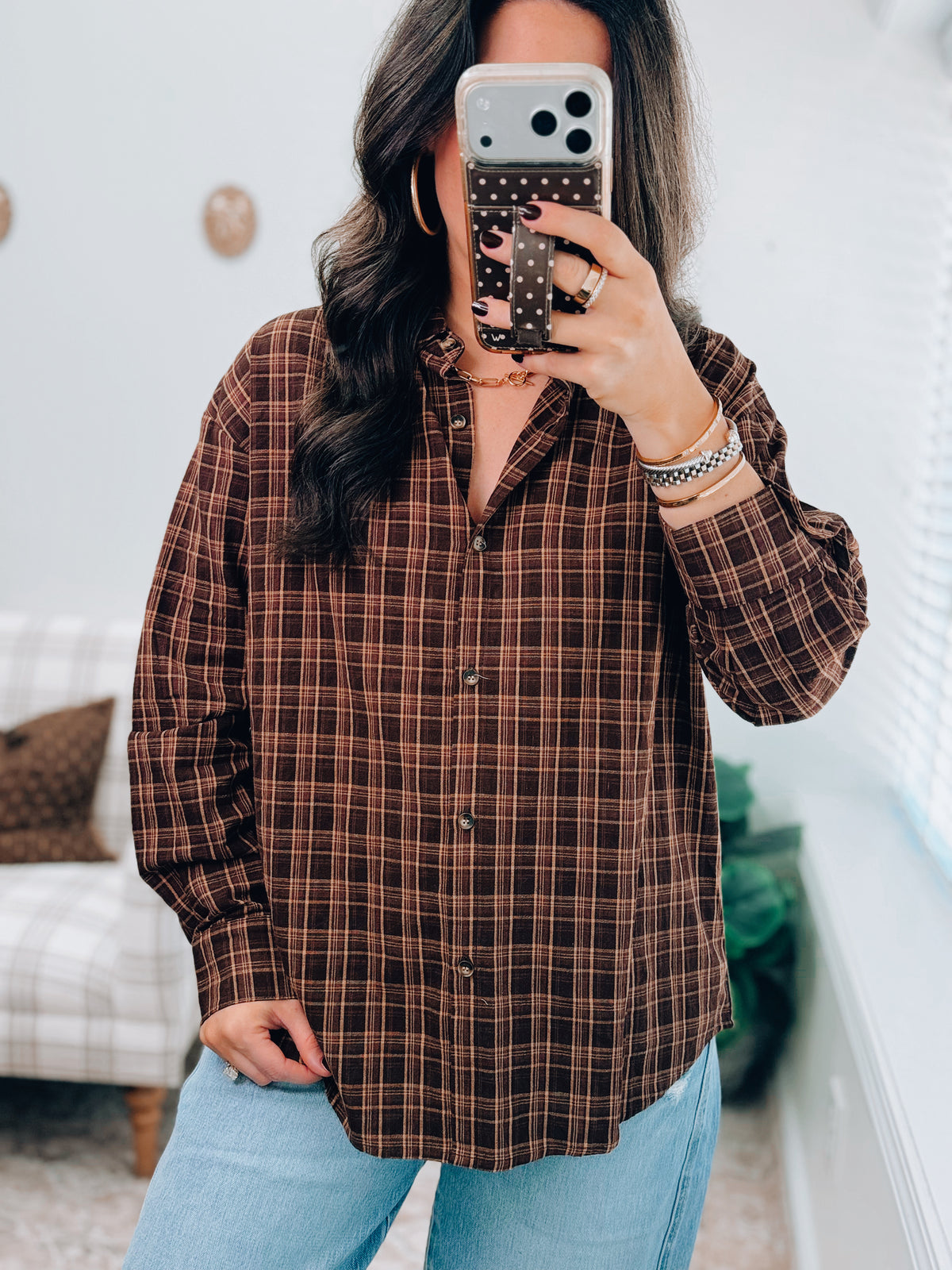 Oversized Plaid Flannel Top - Brown