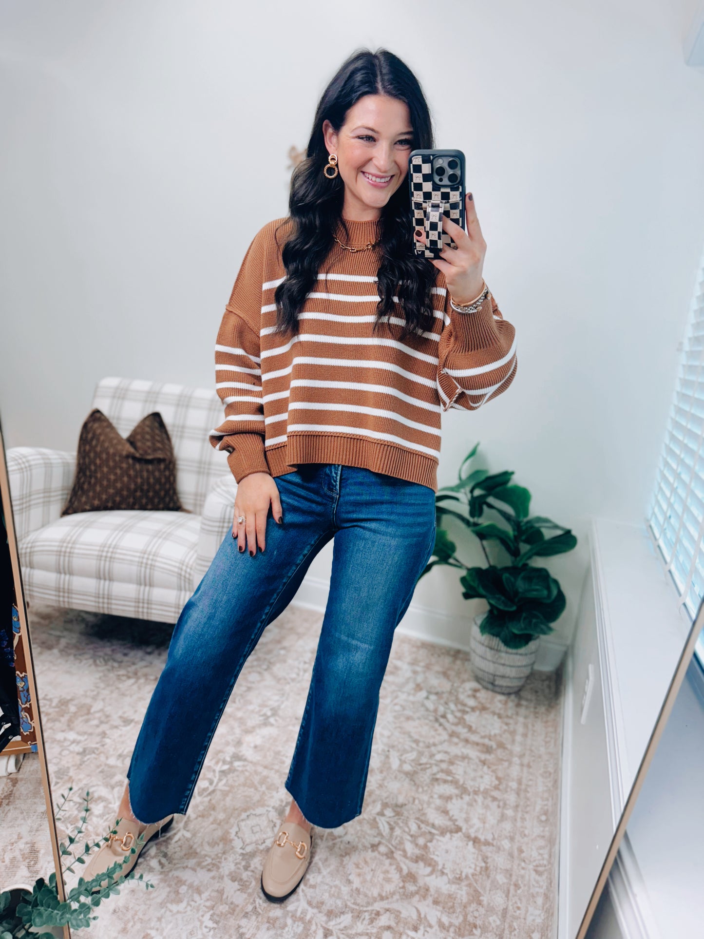 Mercer Striped Camel Mock Neck Ribbed Sweater