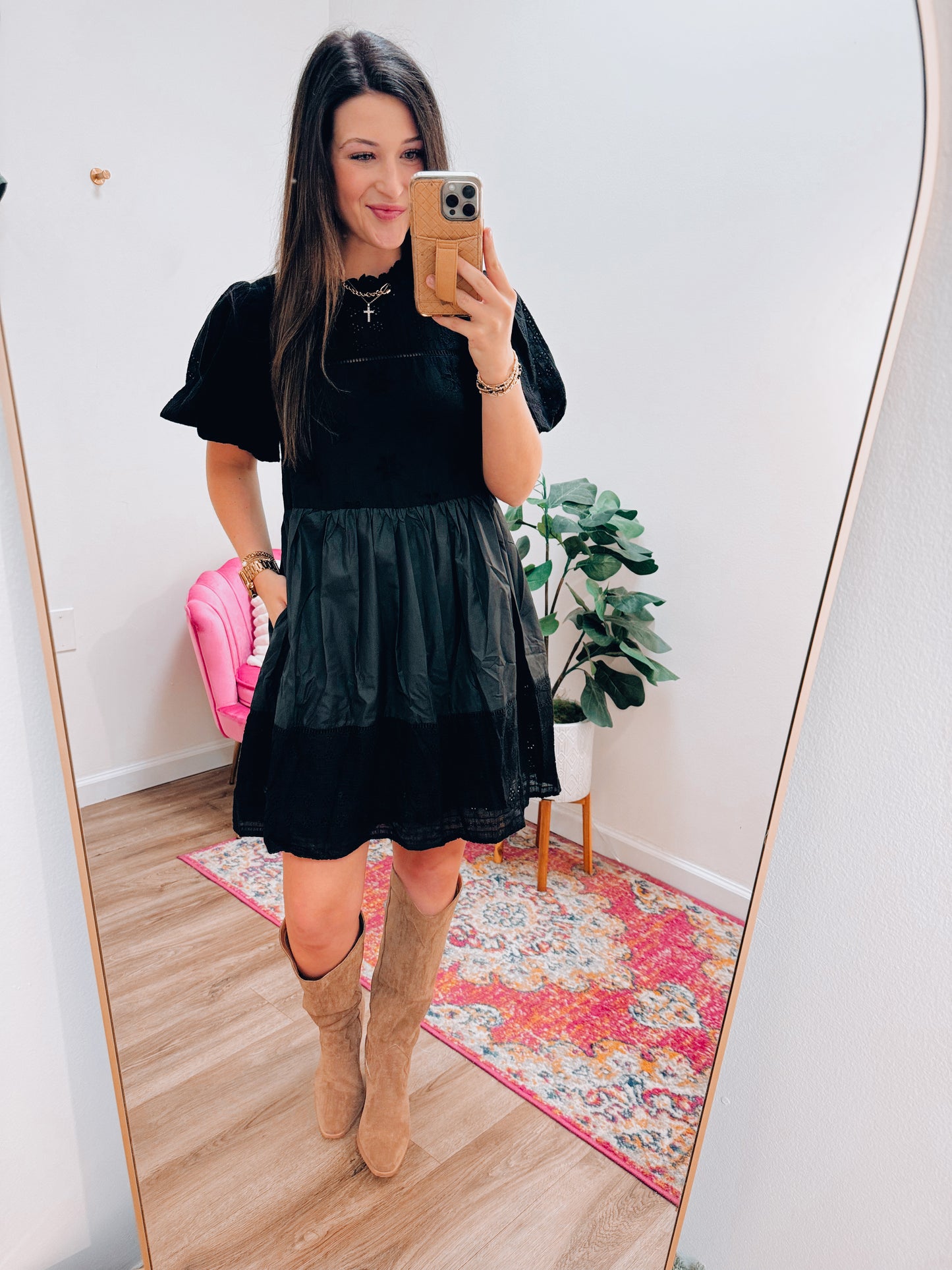 Eyelet Puff Mix Mini Dress - Black