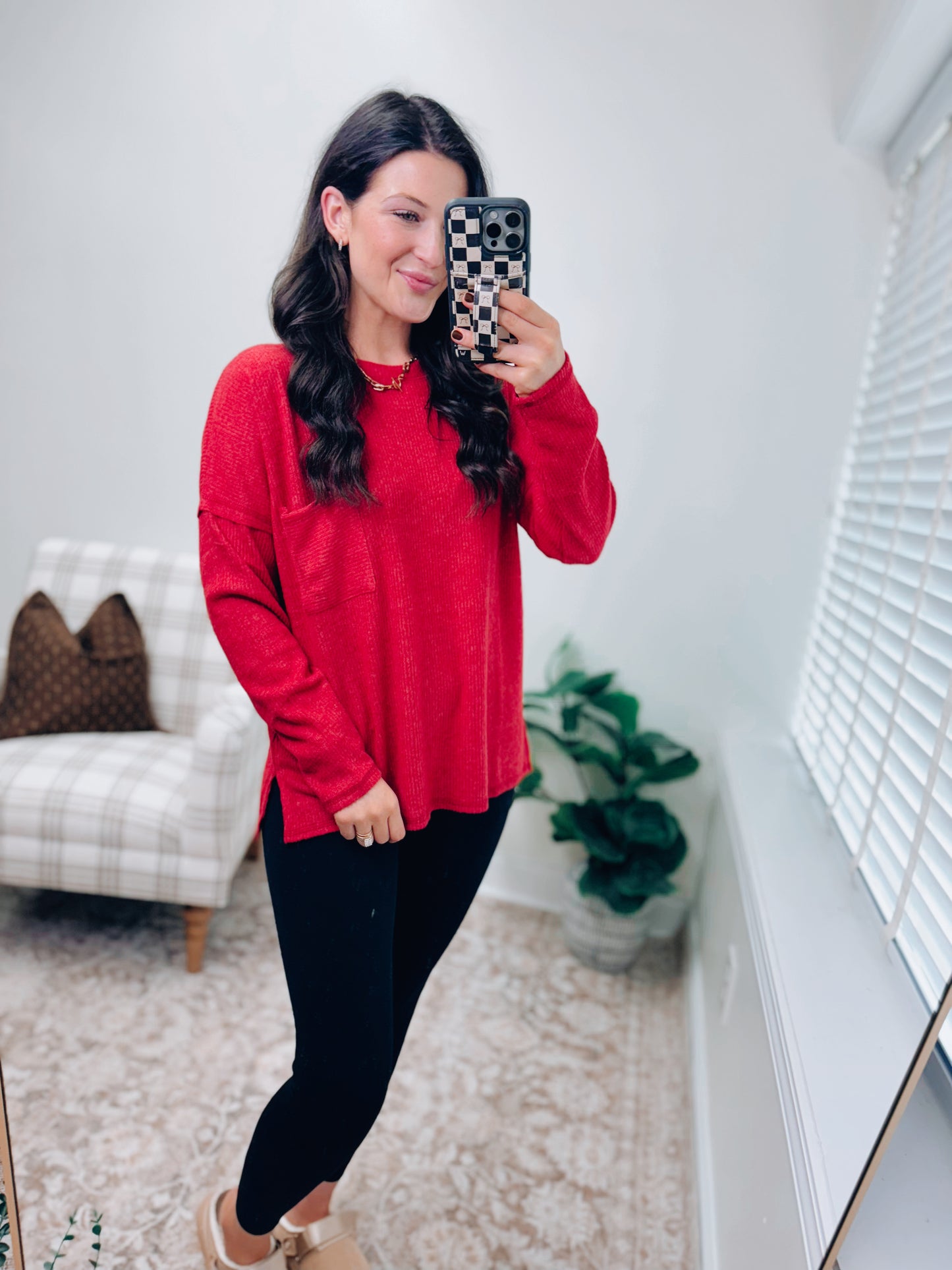 DOORBUSTER Pocket Brushed Ribbed Top - Red