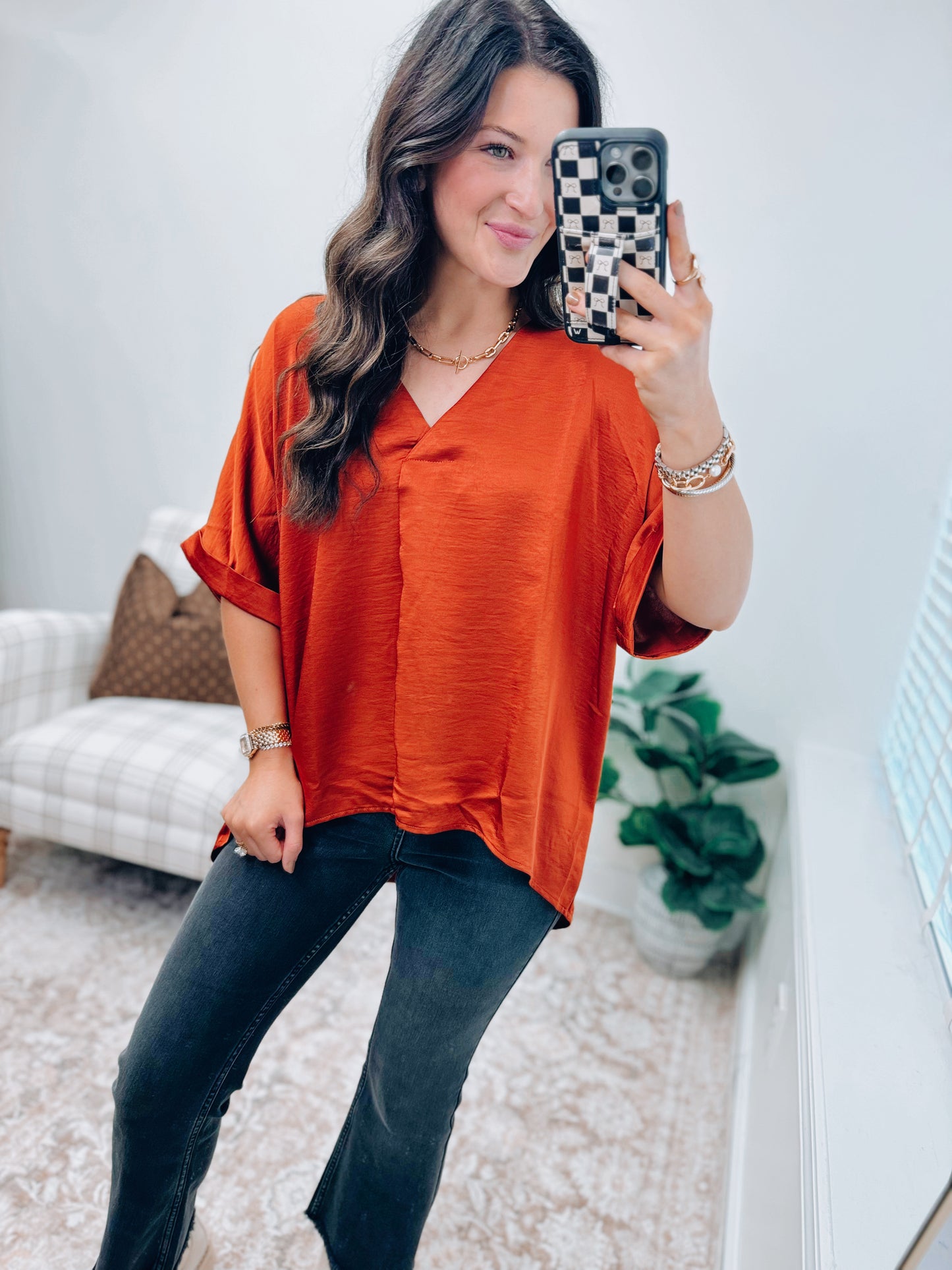 Grove Oversized Satin Top - Rust