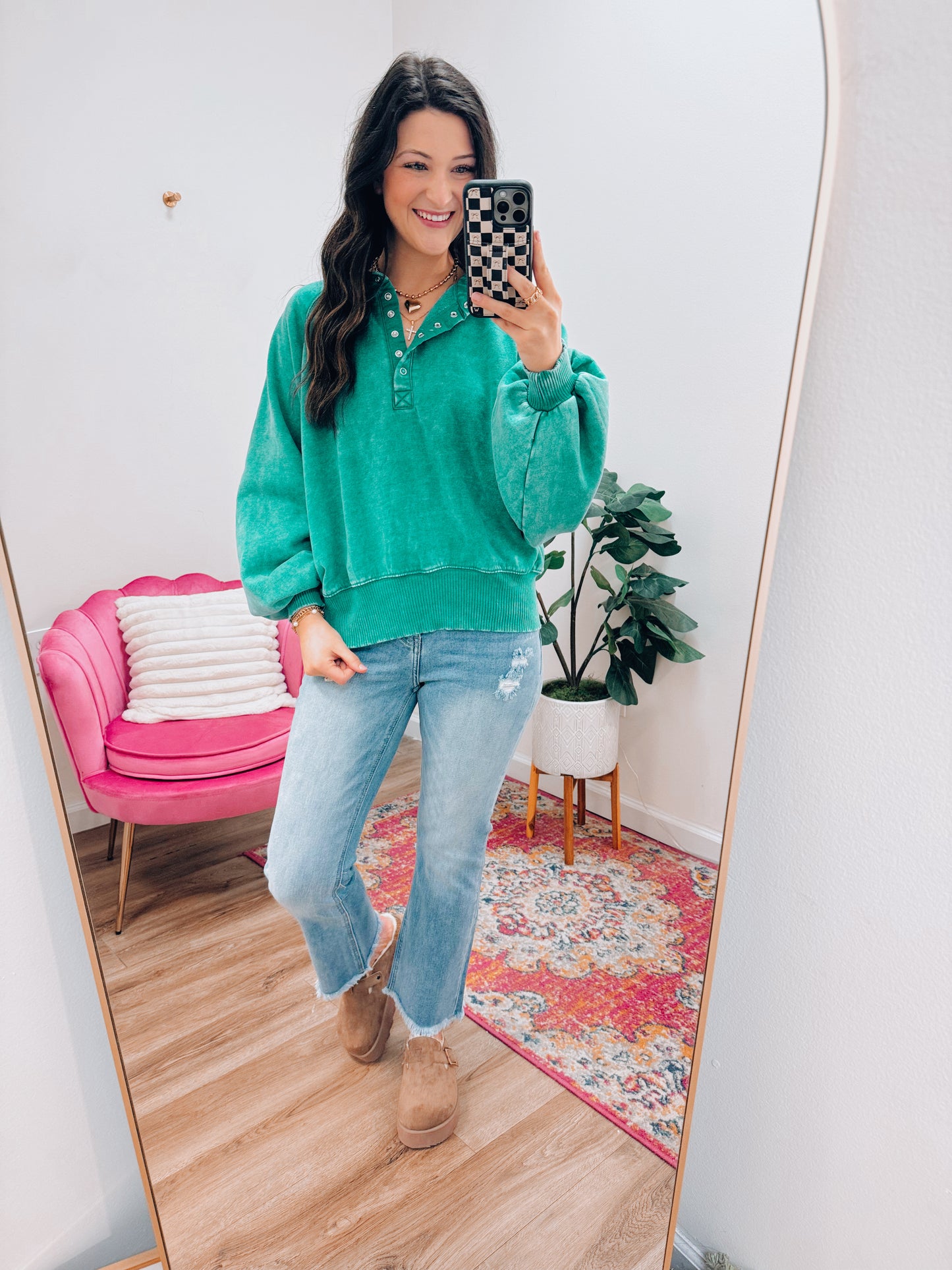 Mineral Wash Button Pullover - Kelly Green