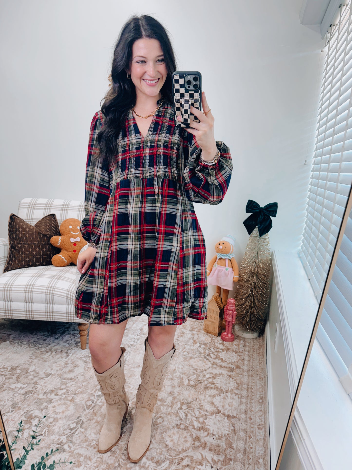 Navy Plaid Smocked Mini Dress