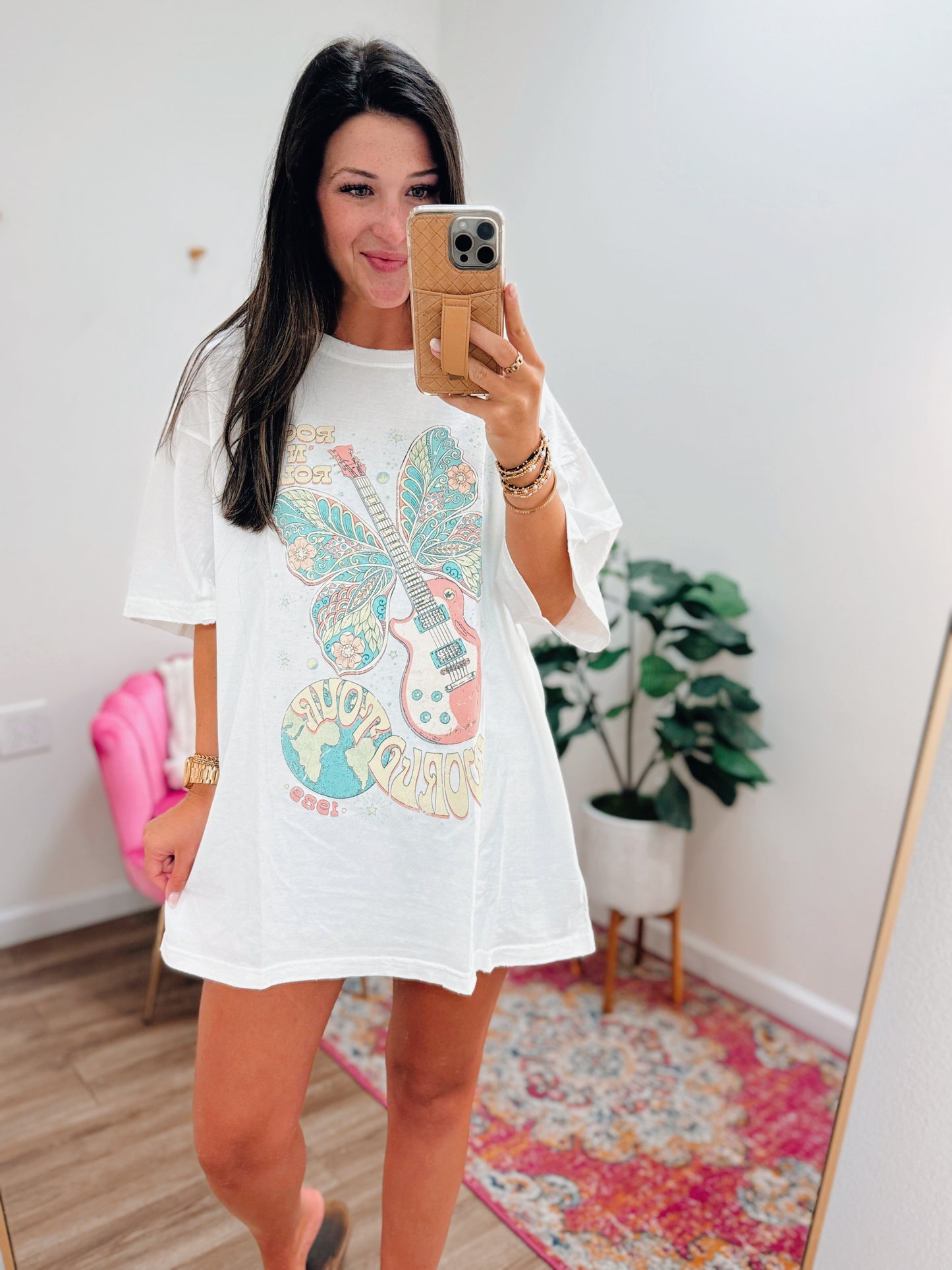 Rock n Roll Butterfly Oversized Graphic Tee - White