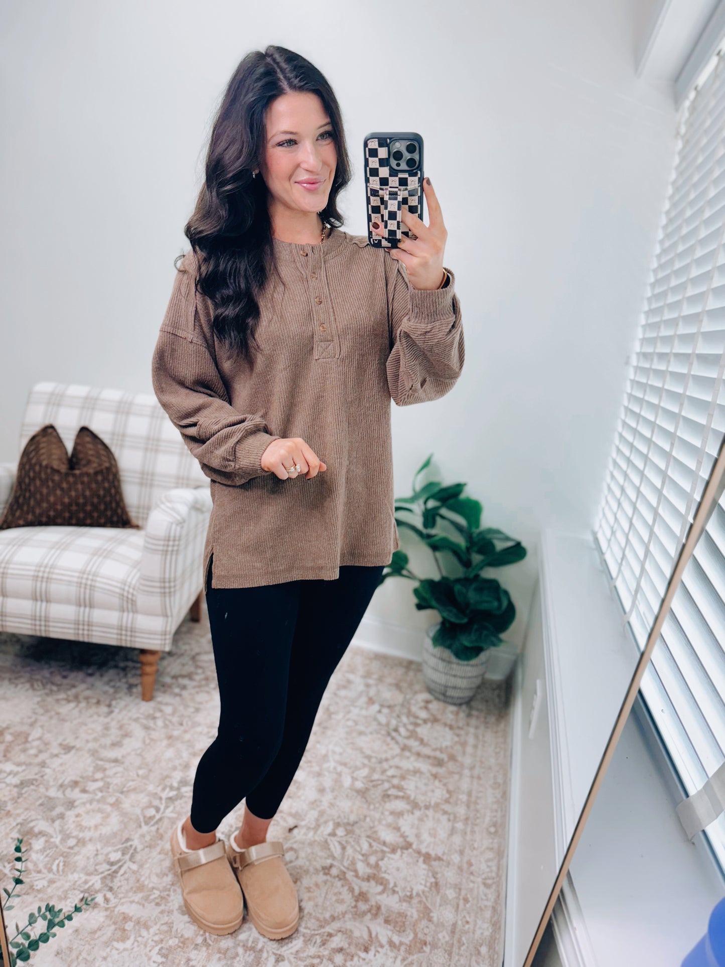 DOORBUSTER Button Brushed Ribbed Sweater - Mocha