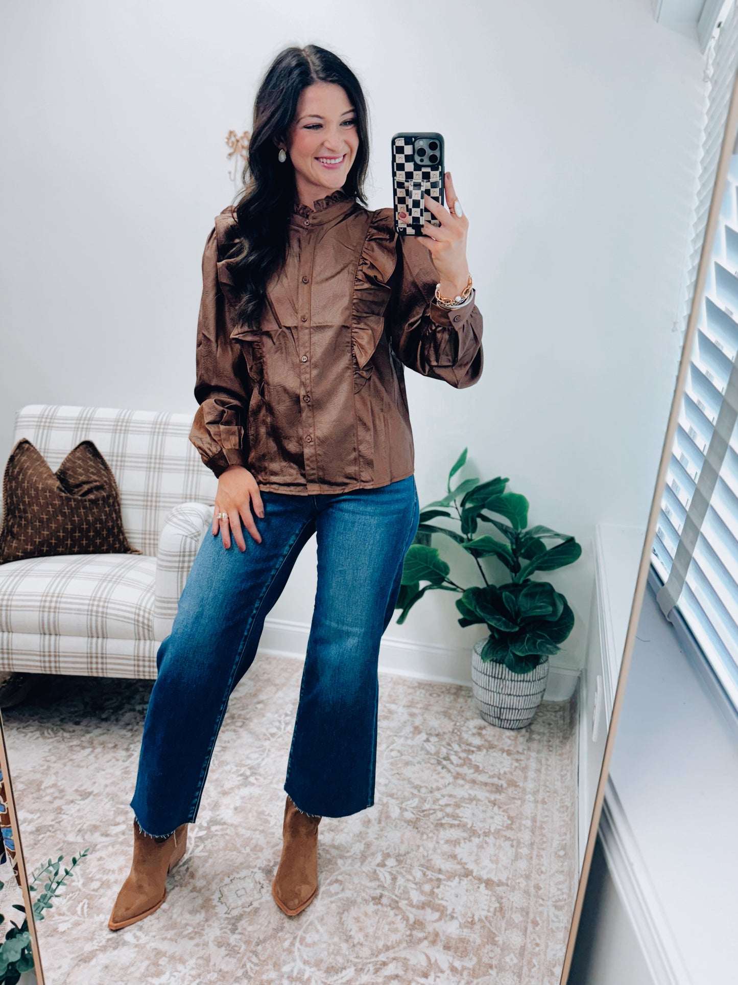 Hazelwood Shine Ruffle Button Top