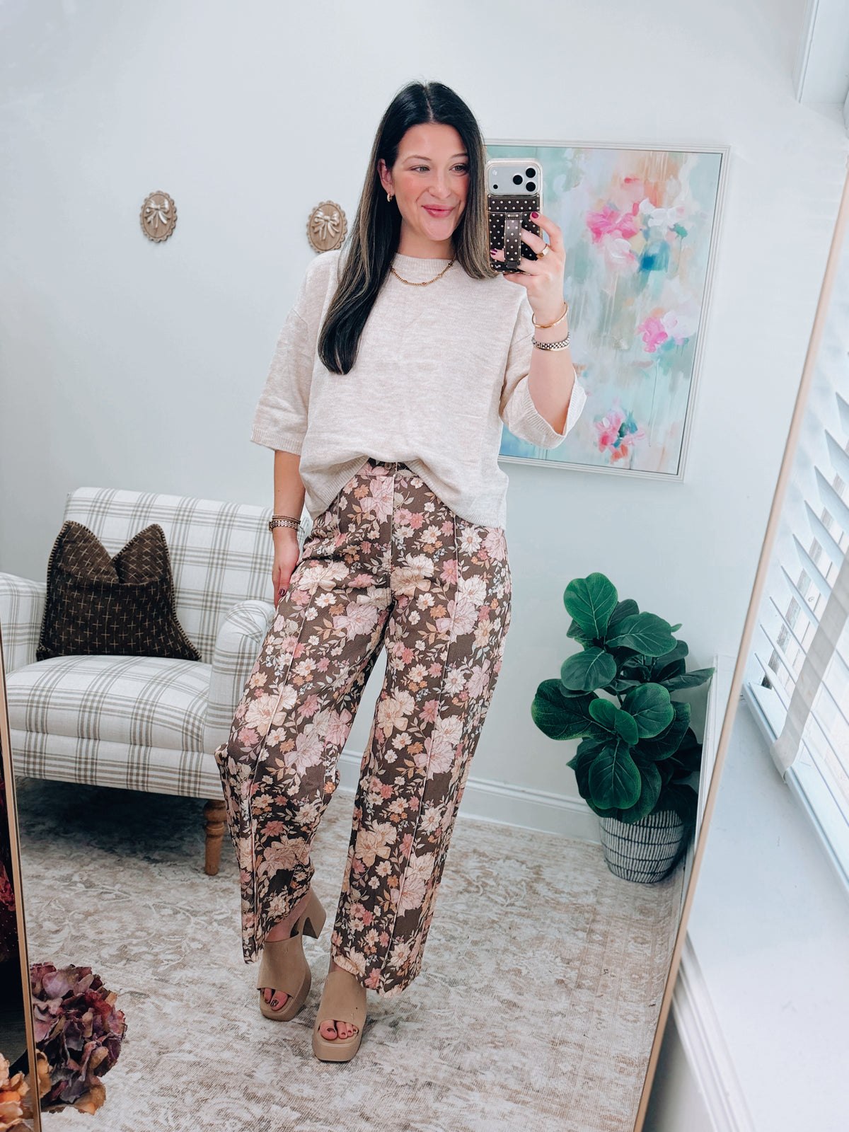 Oak Floral Wide-Leg Pleated Denim