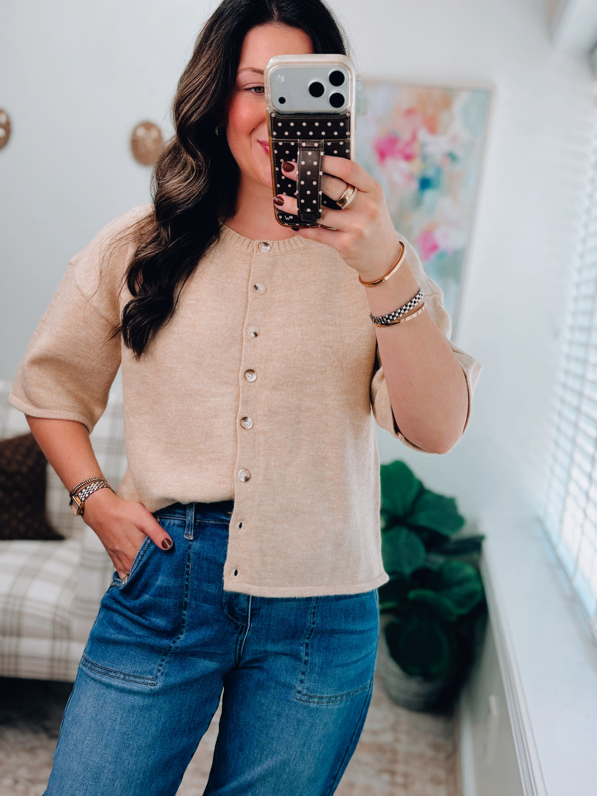 Beige Button Knit Sweater Top
