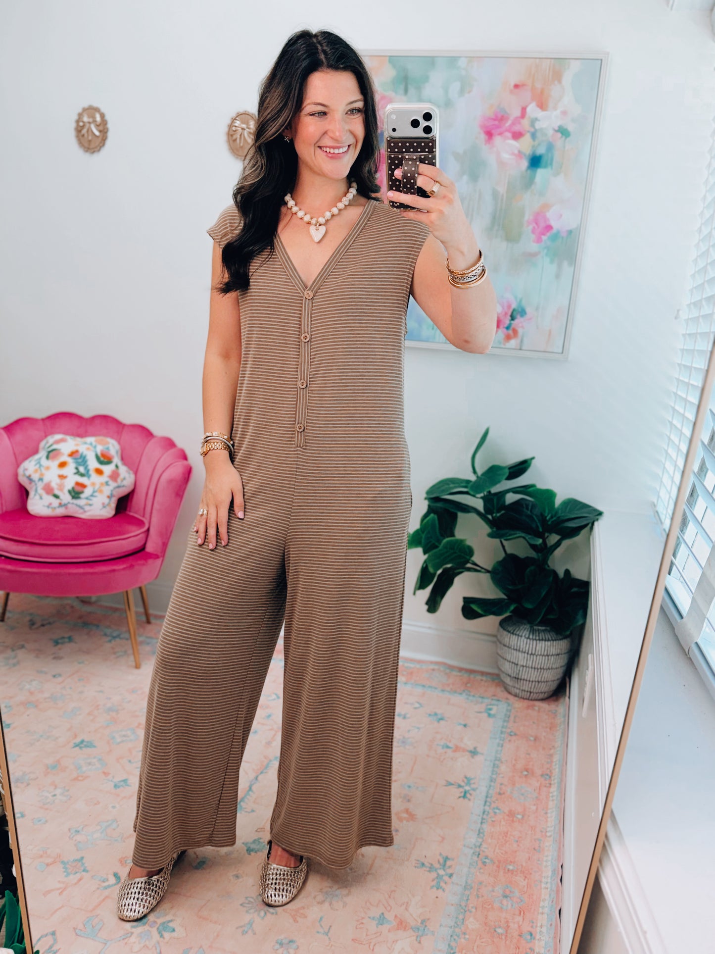 Nina Brown Striped Button Jumpsuit