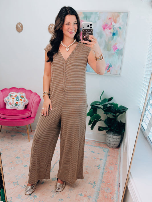 Nina Brown Striped Button Jumpsuit
