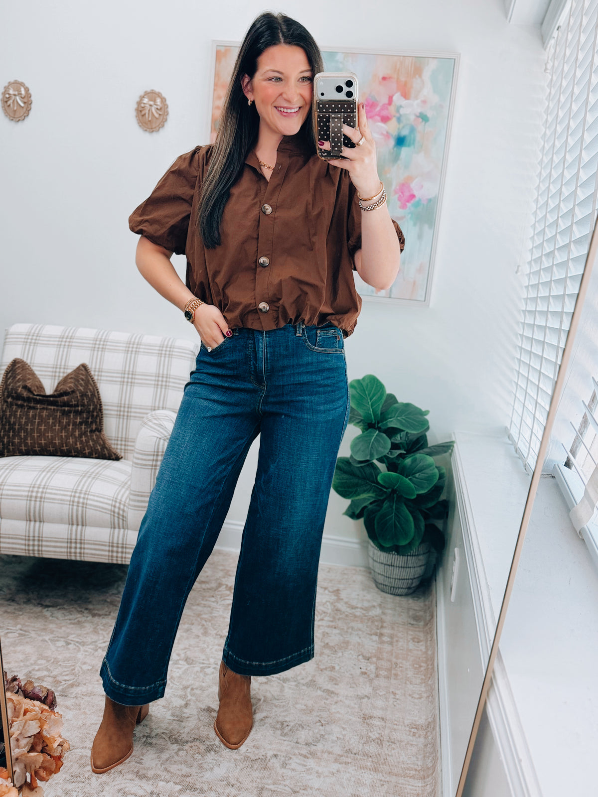 Gracie Button Bubble Hem Top - Brown