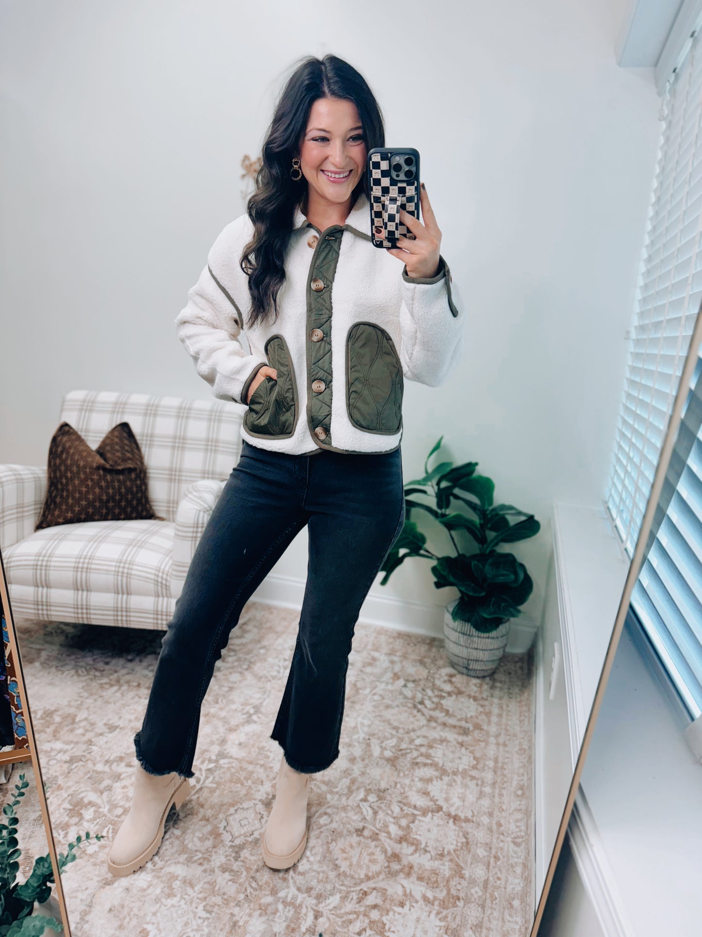 Shearling Button Olive Sherpa Jacket