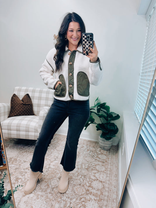 Shearling Button Olive Sherpa Jacket