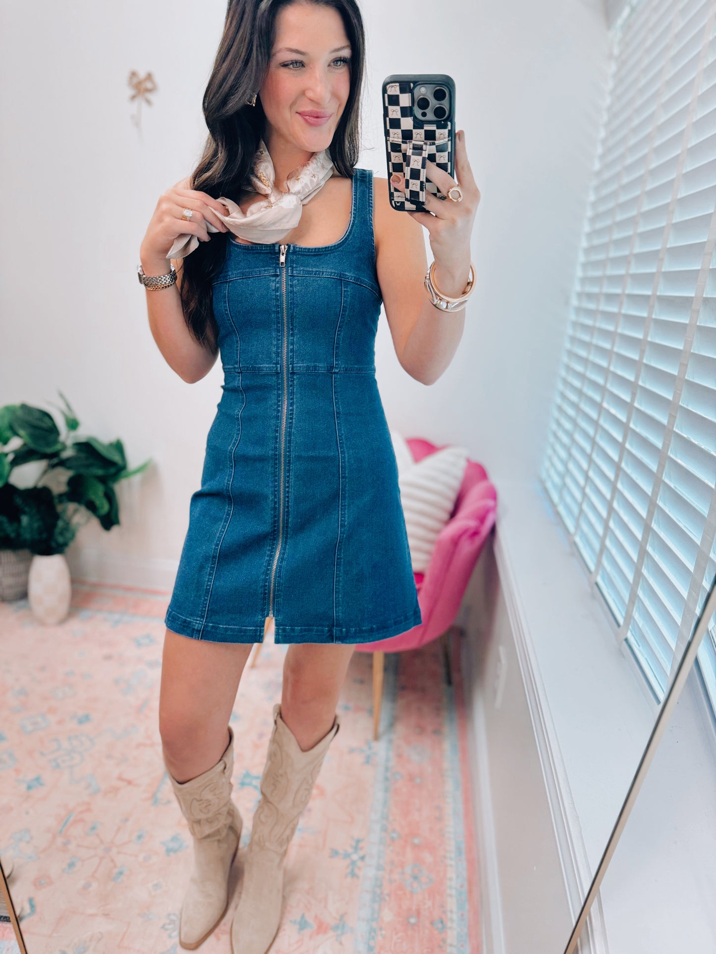 Briar Denim Scoop Neck Zip Mini Dress