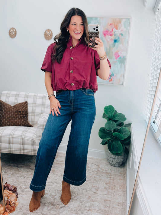 Gracie Button Bubble Hem Top - Wine