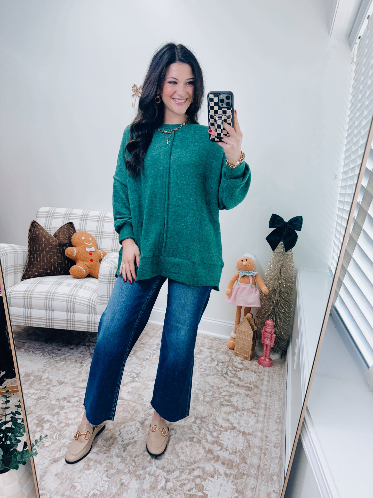 Oversized Front Seam Brushed Sweater - Green
