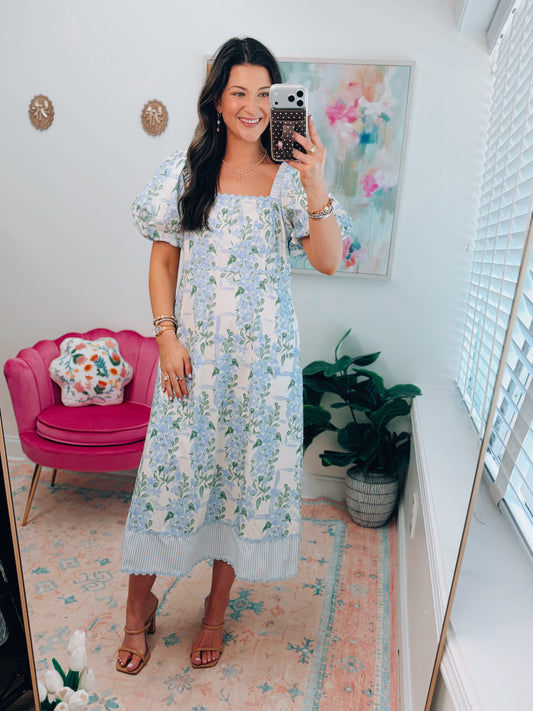 Pastel Bloom Scallop Midi Dress - Blue