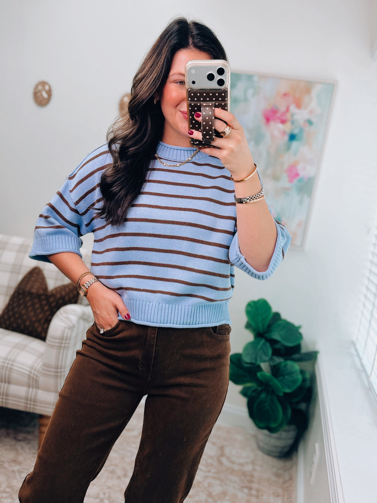 Blue Combo Stripe Raw Knit Sweater Top